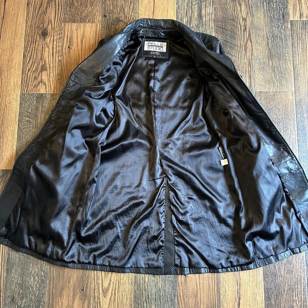 Wilsons Pelle Studio Women’s Size L Long Black Leather Coat 90s Matrix Mob Wife - Picture 3 of 11